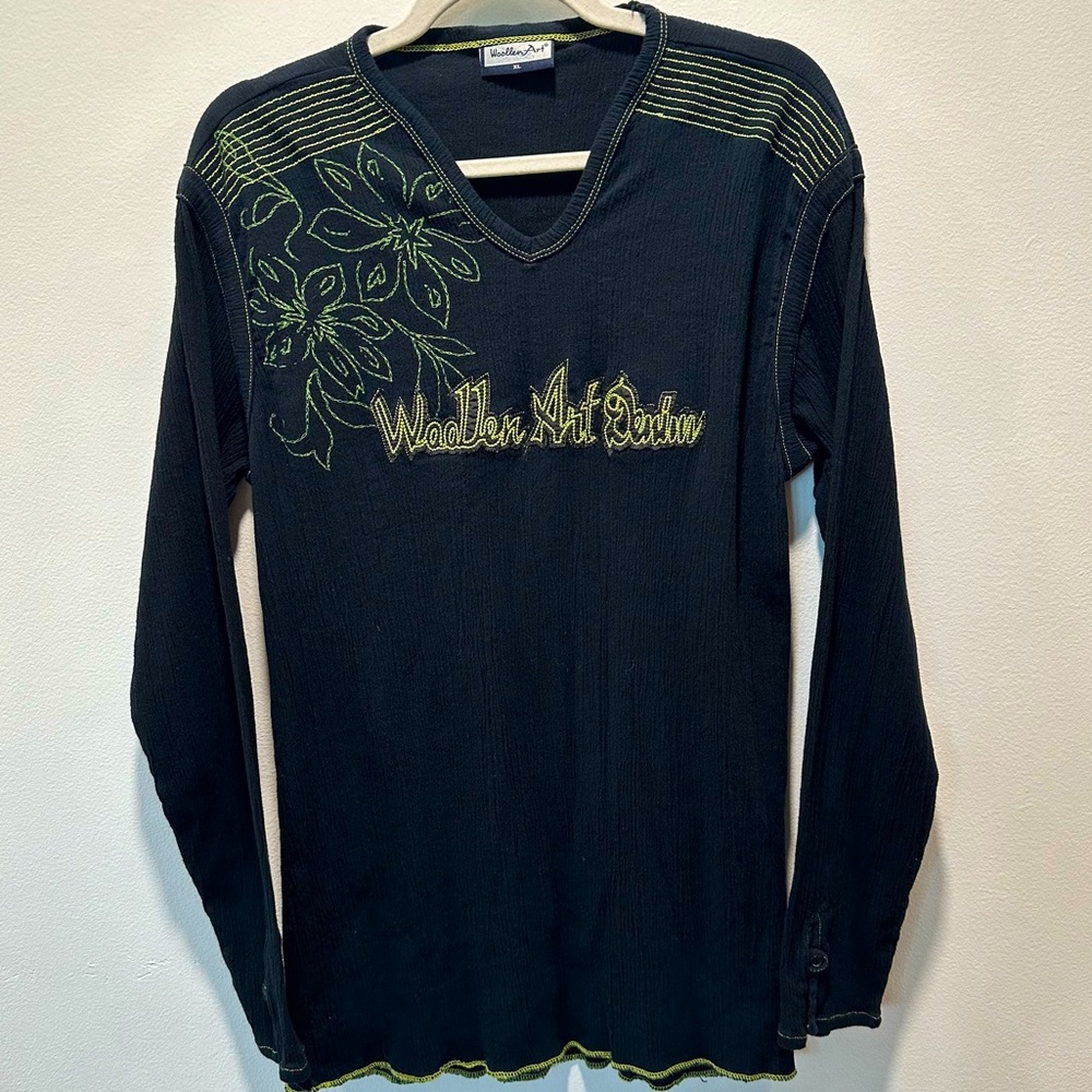 Woollen Art Embroidered Pleated Hand Painted Blouse Italy Art Womens Size XL
